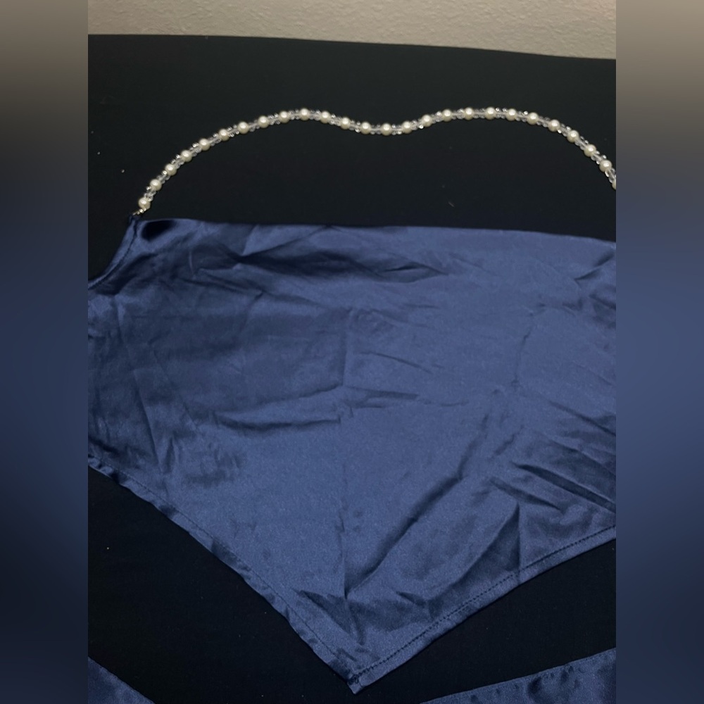 Cider Navy Blue Satin Blouse with Chain Strap